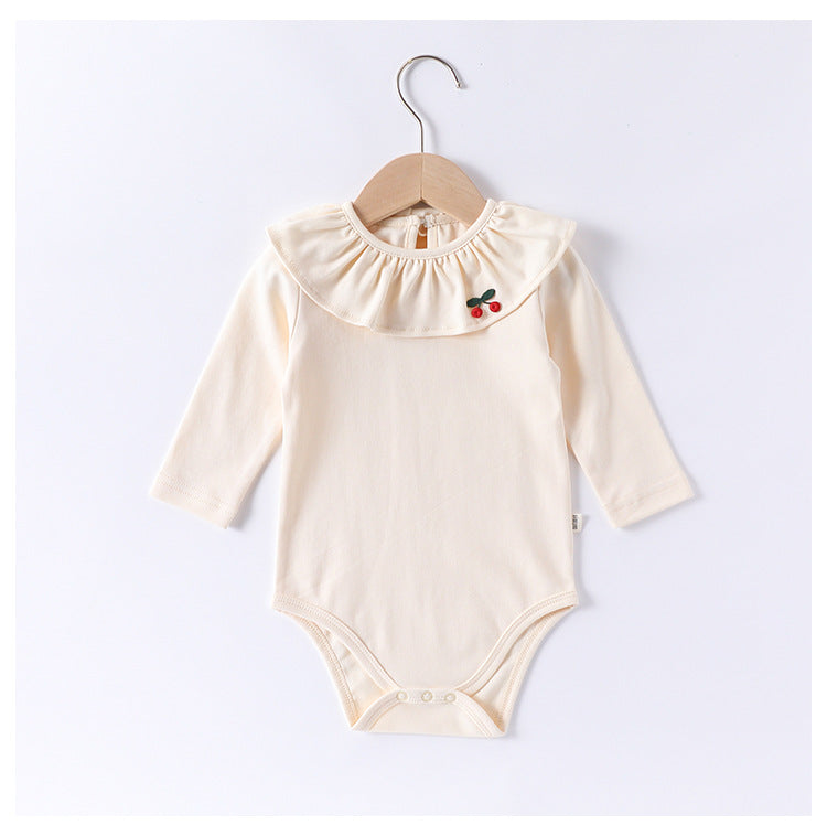 Spring Arrival Baby Girls Long Sleeves Cherry Embroidered Collar Onesies Bodysuits-2