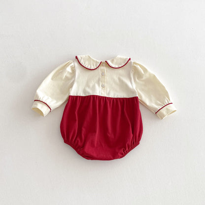Spring Arrival Baby Girls Cute Color Patchwork Long Sleeves Peter Pan Collar Onesies-1