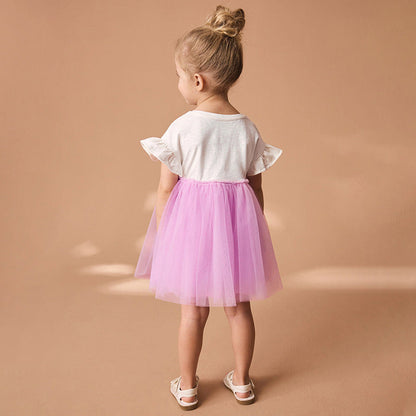 Summer Pure Cotton Cartoon Dancers Pattern Short Sleeves Tulle Patchwork Dress for Stylish Girls-1