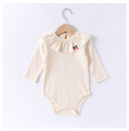 Spring Arrival Baby Girls Long Sleeves Cherry Embroidered Collar Onesies Bodysuits-2