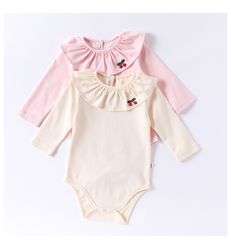 Spring Arrival Baby Girls Long Sleeves Cherry Embroidered Collar Onesies Bodysuits-0