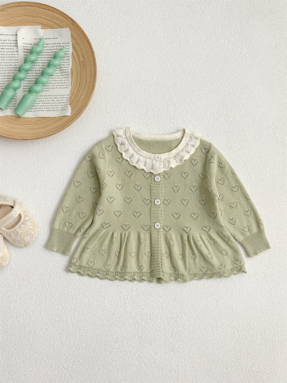 Autumn New Arrival Baby Kids Girls Comfortable Hollow-out Design Knitted Long Sleeves Top with Heart Pattern and Collar-2